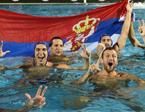 serbian water polo players celebrating